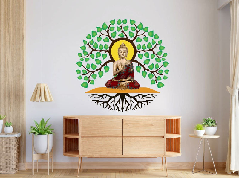 Divine Designs™ PVC Vinyl Self-Adhesive Buddha Ji Sadhana Under Tree Wall Sticker for Living Room, Bedroom, Office Wall Decoration (24 X 24 INCH) Pack 1