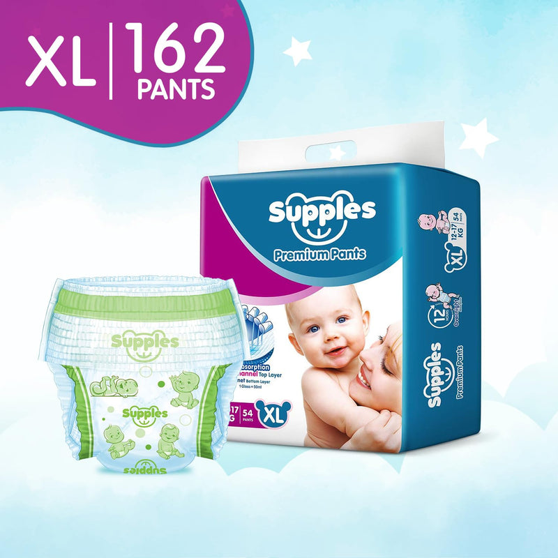 Supples Premium Diapers, X-Large (XL), 162 Count, 12-17 Kg, 12 hrs Absorption Baby Diaper Pants