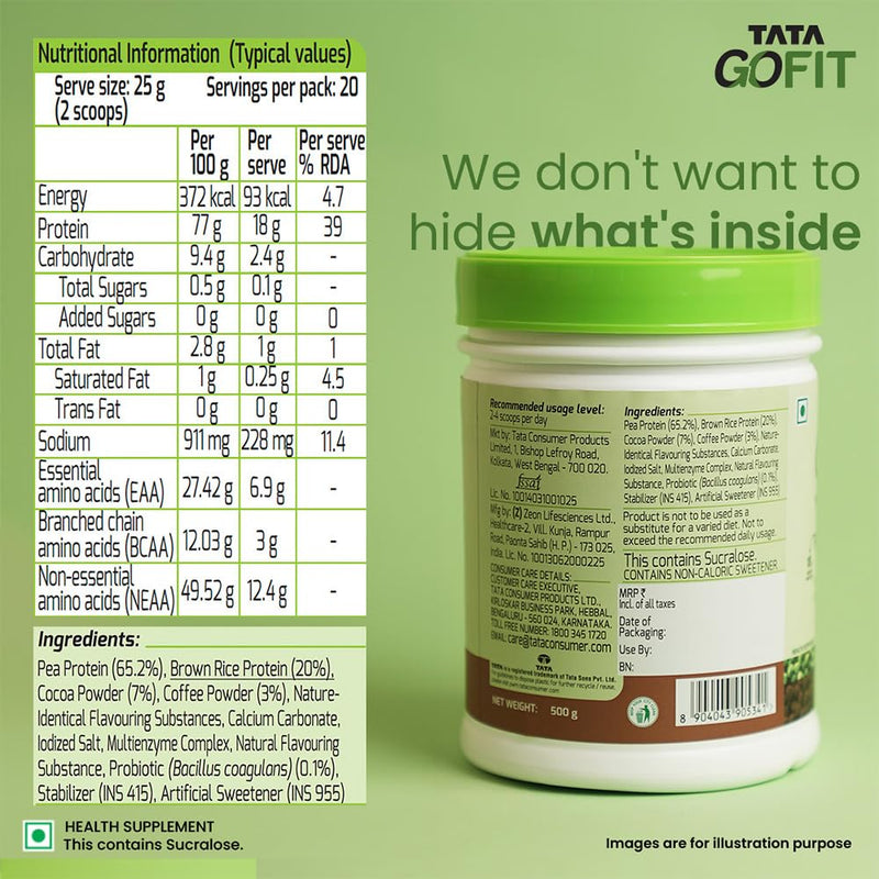 Tata GoFit Plant Protein Powder, Pea & Brown Rice Blend, 18g Protein, Café Mocha Flavour, 500g (20 Serves), No Soy, No Lactose, No Added Sugar, Vegan