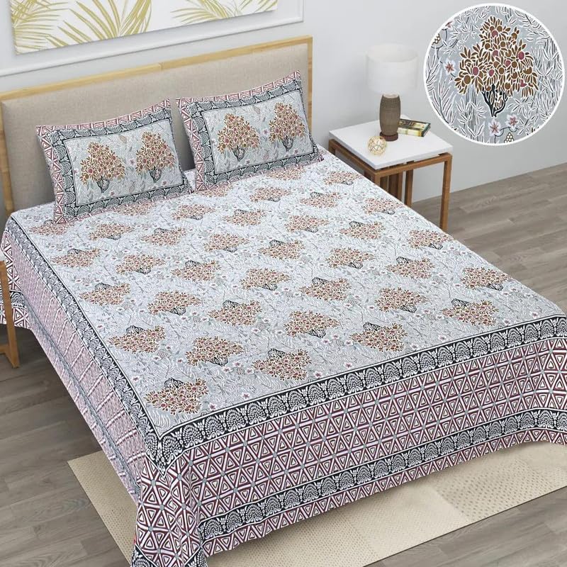 Comfortable Cotton Floral King Bedsheet with Pillow Covers-ETH-OXF-123-Beige