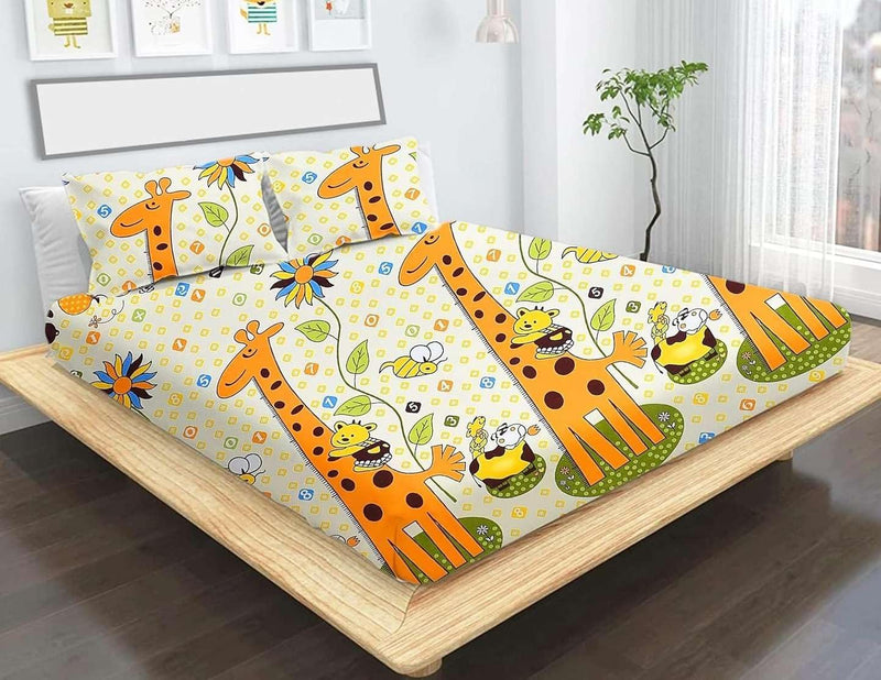 Premium Cotton All Around Elastic Fitted Double Bed Bedsheet (72” x 78”) with 2 Pillow Covers (16" x 26") (BS16 (B) Yellow Animal)