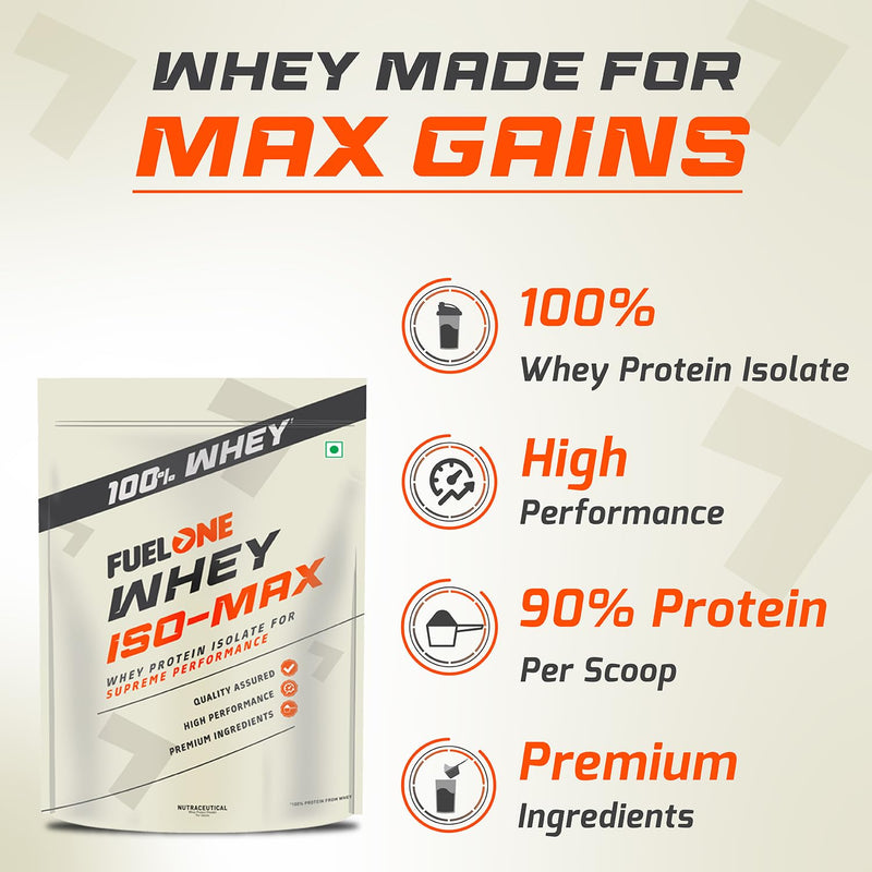 FUELONE Whey Iso-Max, Whey Protein Isolate, 31G Protein (Unflavoured, 1Kg / 2.2Lb), No Added Sugars Or Maltodextrin