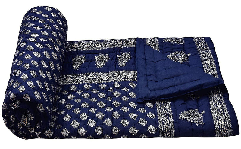 SHOPINGTRADE World Famous Jaipuri Light Weight Pure Cotton Traditional Rajasthani Print Blue Colour Single Bed Quilt/Razai/Rajai (Blue, Single)