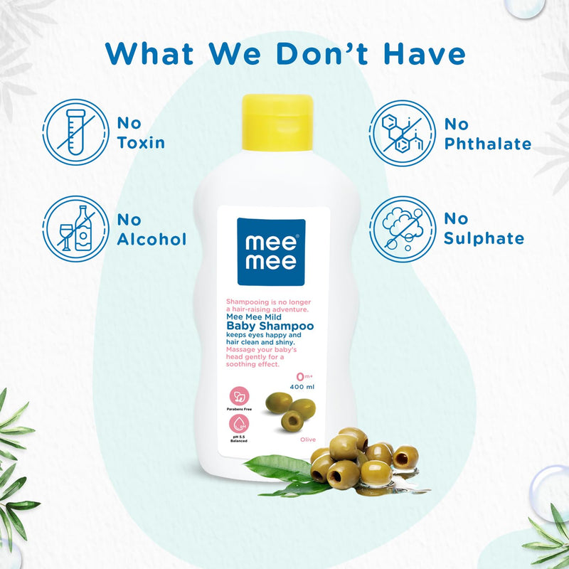 Mee Mee Mild Baby Shampoo 400 ml | Mild & Gentle| Tear-Free Formula, Enriched with Olive Extracts, Nurturing for Infant Hair - From Birth Onwards, Dermatologist-Approved