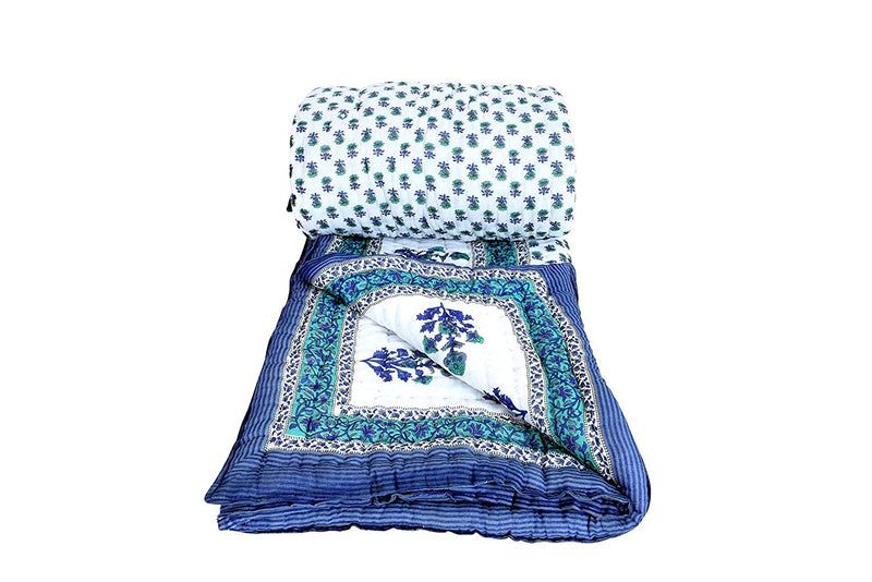 Cure & Care AC Quilt/Razai 2 Jaipuri Razai #Rajasthani#Traditional Single Bed Soft Sanganeri Print Double Light Weight Pure Cotton AC Quilt/Razai White & Blue, Single (55 x 85) (Set of 2)