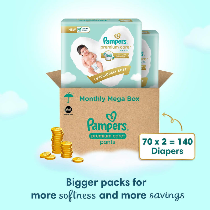 Pampers Premium Care Pants Style Baby Diapers, Small (S) Size, 140 Count, All-in-1 Diapers with 360 Cottony Softness, 4-8kg Diapers