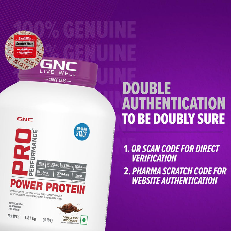 GNC Pro Performance Power Protein | 4 lbs/1.81 Kg | 6 In One Stack | 1500 Mg Creatine| No Added Sugar| 2744 MG BCAA | Informed Choice Certified | 30g Protein | 2.2g L-Glutamine | Energy Features Enzymes For Better Digestion | Double Rich Chocolate| Formul