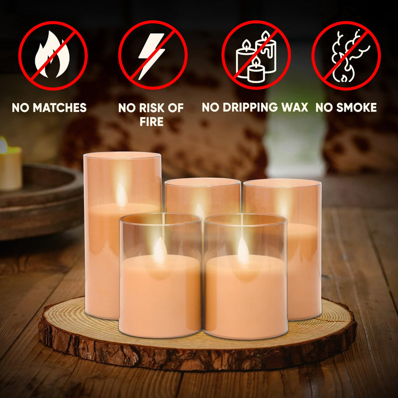 ZODZE Amber Flickering Flameless Candles, Battery Operated Acrylic LED Pillar Candles with Remote Control and Timer, Set of 5