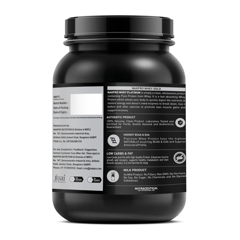 NAKPRO Platinum Whey Protein Isolate - JAR | 30.6g Protein, 7g BCAA | Easy Digesting Whey Protein Supplement Powder (1 Kg, Unflavoured)