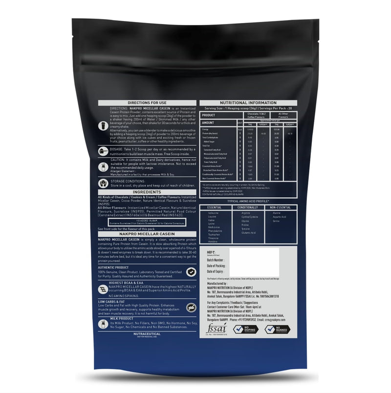 NAKPRO 100% Micellar Casein Protein Supplement |25g Protein, 9.91g EAAs, 4.83g BCAAs| Slow Absorbing Micellar Casein Protein Powder (Vanilla, 1 Kg)