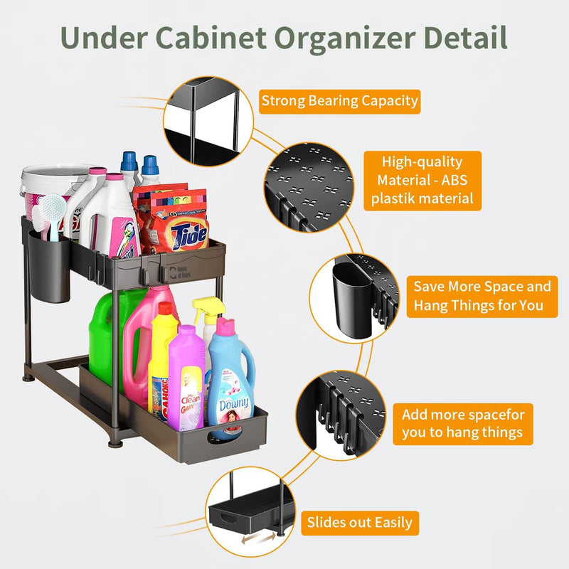 House of Quirk Plastic Under Sliding Cabinet Rectangular Shape Basket Organizer,2 Tier Storage Under Cabinet Bathroom Under Sink Organizers And Storage Under Sink Storage For Bathroom Kitchen (Black)