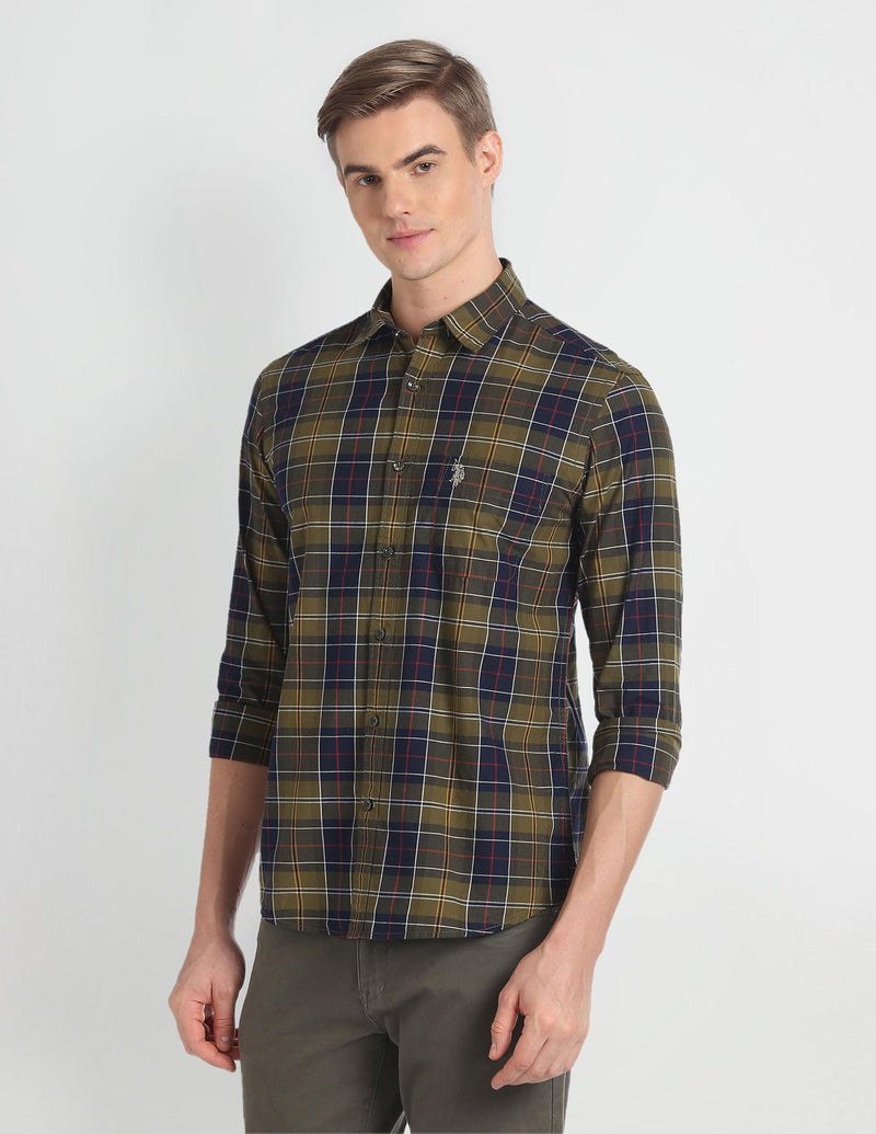 U.S. POLO ASSN. Men's Checkered Slim Fit Shirt (UDSHT0718_Olive