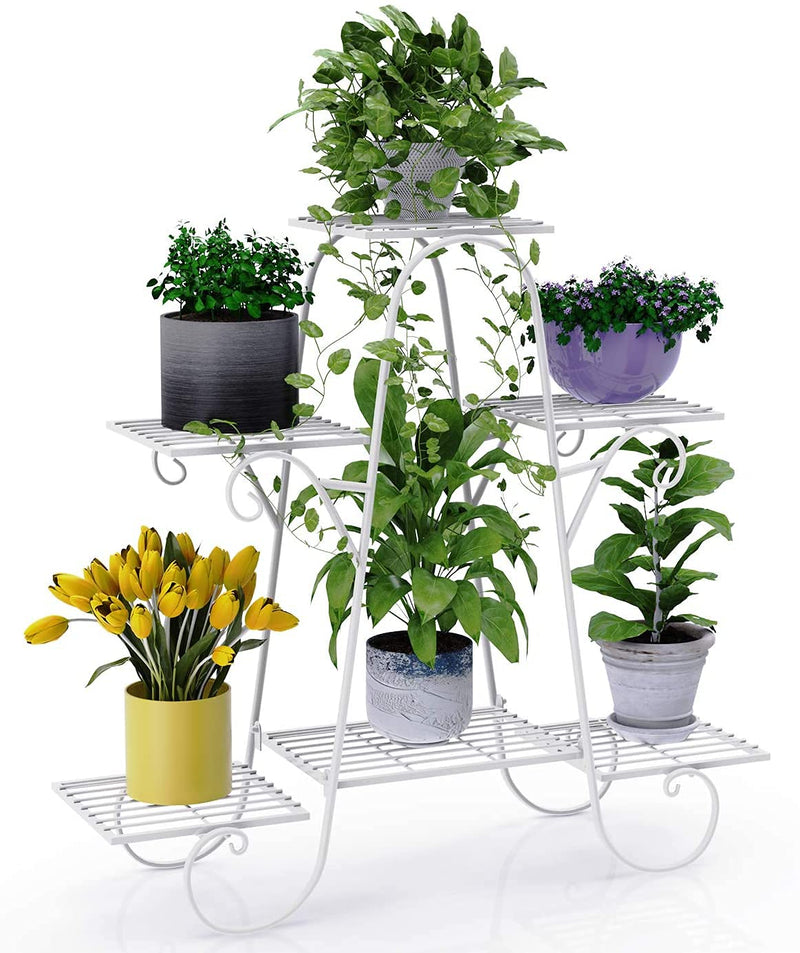 Kundi 6 Tier Plant Stands for Indoors and Outdoors, Flower Pot Holder Shelf for Multi Plants, Black Metal Plant Stand for Patio L-32 x W-10 x H-29 inches (White1)