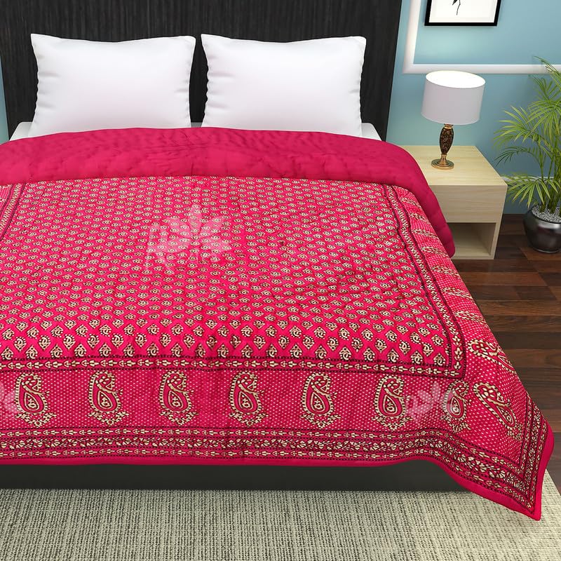 Rexxica 220 TC Single Bed Organic Cotton Jaipuri Razai Bed Blanket Ac Quilt for Winter Soft Light Weight Rajasthani Traditional Rajai Cotton Comforter 57 x 84 inch (Rani)