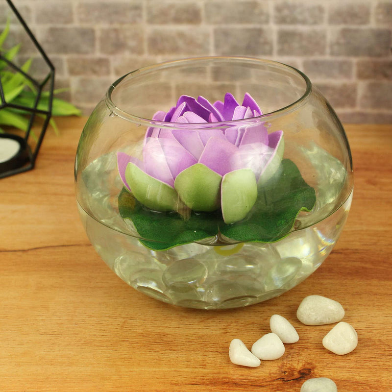 Tied Ribbons Glass Round Vessel with Faux Lotus and Natural Stones (12.49 cm x 12.49 cm x 12.49 cm), Multicolour