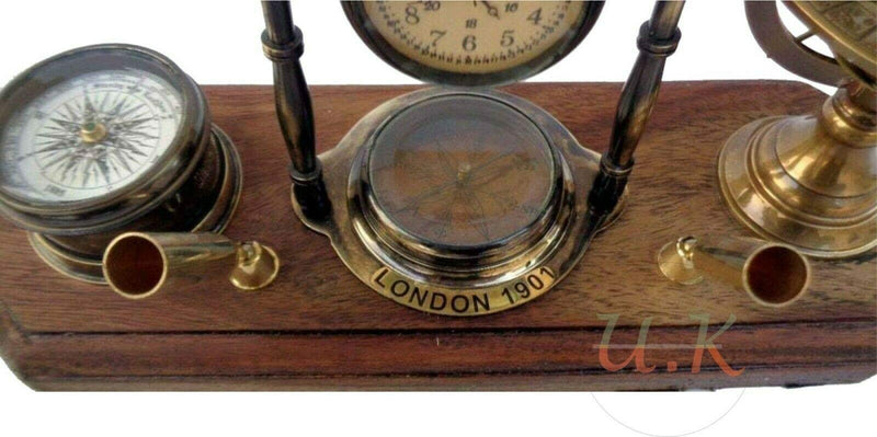 M.A & SONS Antique Brass Table top Clock with Pen Holder Compass and Armillary Sphere