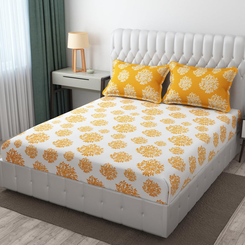 Super Soft Cotton Printed One Double Bedsheet with 2 Pillow Cover (White & Yellow)