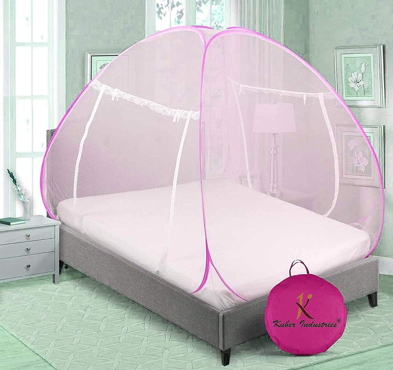 Kuber Industries Mosquito Net Foldable King Size (Double Bed) with Free Saviours 6.5 x 6.5 Feet (Pink)