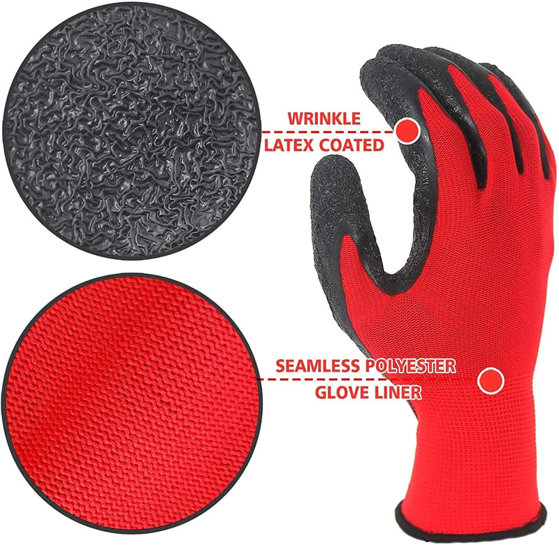 QTM Nylon Latex Coated Firm Grip Industrial Safety Work Cut Resistant Gloves, Red- Pack of 5 Pairs.