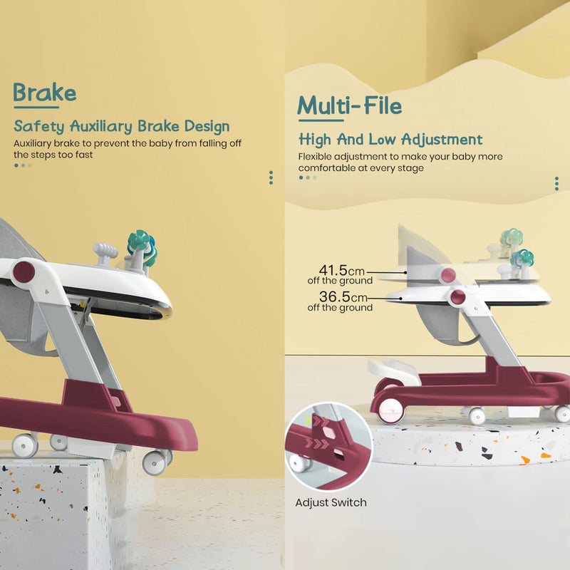 StarAndDaisy Tiny Baby Walker 2-in-1 for 6-18 Months Girsl and Boys, Infant & Baby Activity Walker, Adjustable Height, Musical Tray, Brakes Prevant from Falling, Walk Mood. (Maroon)