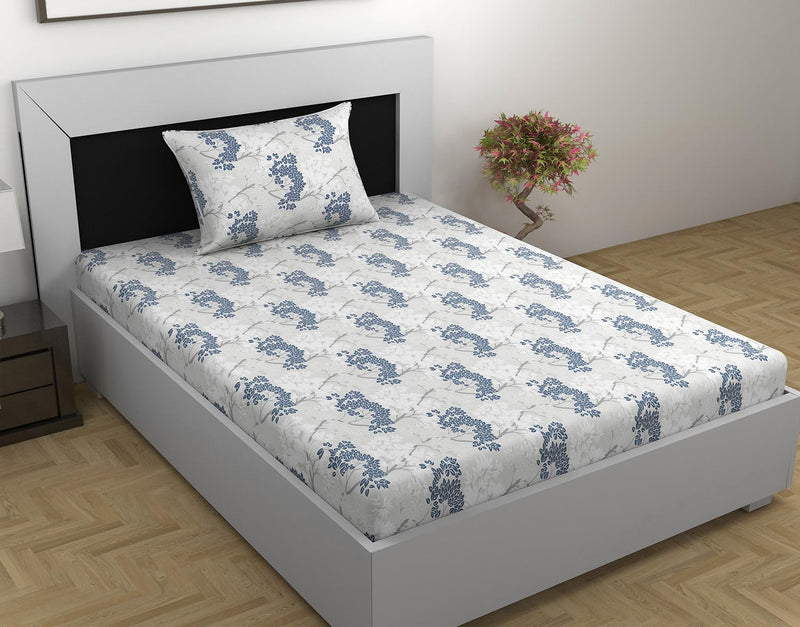 Divine Casa Steel Blue Floral Print 144 TC Pure Cotton Single Size Bed Sheet with 1 Pillow Covers, -145 x 223