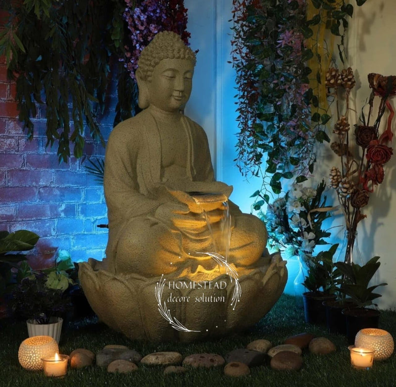 TENDENCE DECOR Garden Fountain with LED Light, Buddha Statue, Decorative Water Feature, Buddha Kamal Fountain 3 FEET FIBER