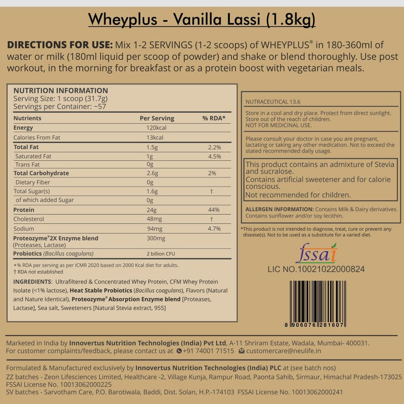 Neulife WHEYPLUS® Gut-friendly Grass-Fed Whey Protein Isolate Blend with Probiotics & Proteozymes 4lbs (Vanilla Lassi)