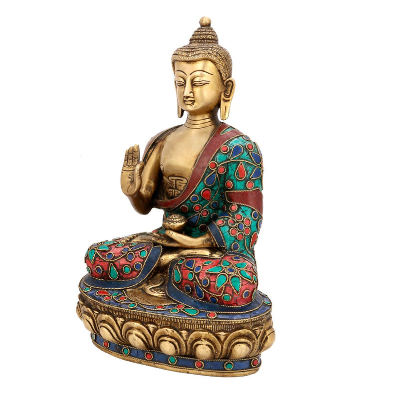 Collectible India 10" Big Thai Buddha Statue Handmade Lotus Sitting Blessing Buddhism Idol - Brass Turquoise Stone Floral Work