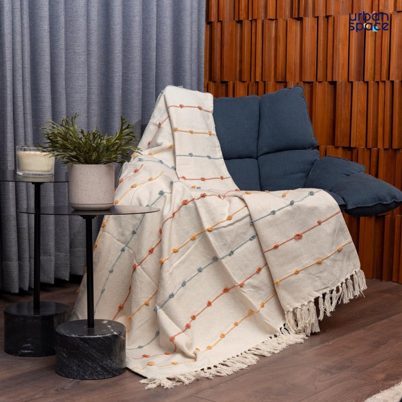 Urban Space Handmade Pure Cotton Sofa Throw Blanket, Soft Decorative Throw for Living Room, Sofa, Chair and Couch, Reversible and Breathable Throw with Tassels (Size- 125 cm x 150 cm, Boho White)