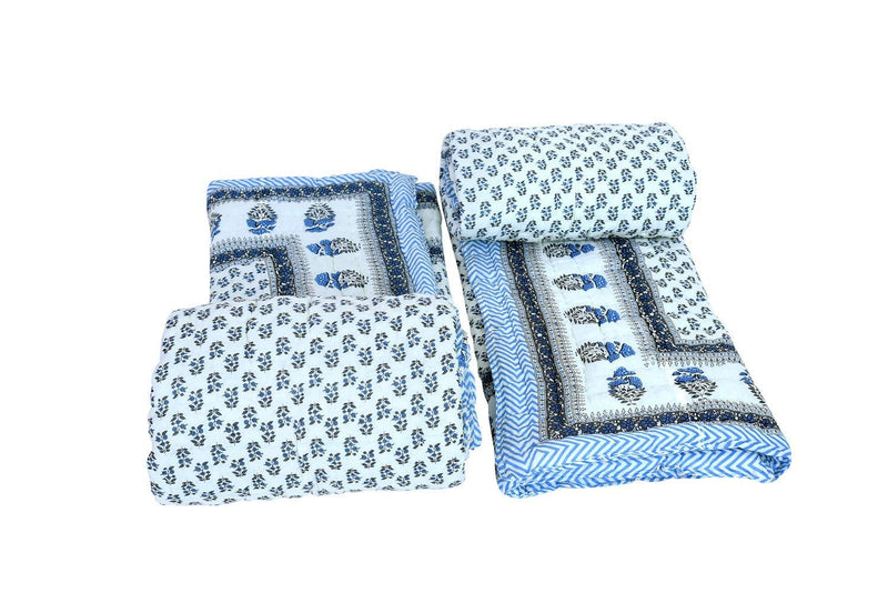 HOPEE SHOP Cotton Single Bed Jaipuri Razai Organic Pure Cotton Jaipuri rajai Ac Quilt for All Season Soft Light Weight Rajasthani Cotton Quilt 55 x 85 inch (Blue) Set of 2