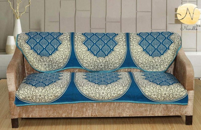 Nendle Luxurious Cotton Abstract Design 5 Seater Sofa Cover Set- 6 Pieces (Sky Blue)