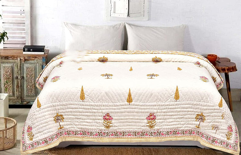 House Of Alpha Original Jaipuri Malmal Cotton Razai/Quilt. Traditional Rajasthani Hand Block Printed Double Bed Jaipuri Quilt/Razai/Blanket (90 x 108 Inches) (Style 11)