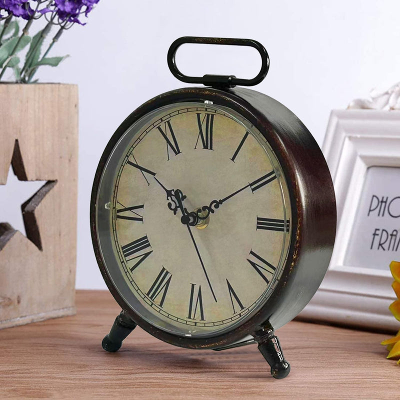 Konigswerk Table Clocks, Retro Non-Ticking Tabletop Clock Battery Operated Metal Desk Clock (Brown)