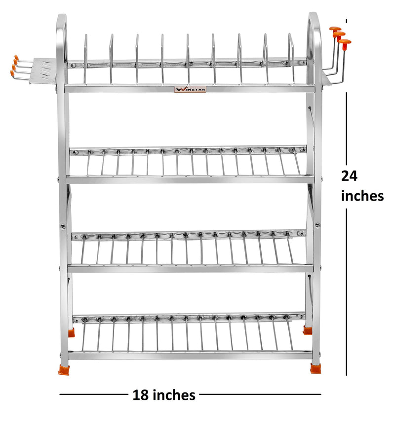 WINSTAR Stainless Steel 4 Shelf Wall Mount Kitchen Utensils Rack | Dish Rack with Plate & Cutlery Stand & Glass Holder | Modular Kitchen Storage Rack | (24 H X 18 L w/d Glass Holder, Tiered Shelf)