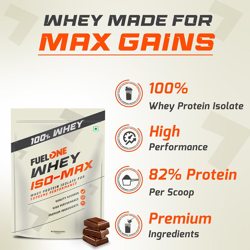 FUELONE Whey Iso-Max, Whey Protein Isolate, 28G Protein (Chocolate, 1Kg / 2.2Lb), No Added Sugars Or Maltodextrin