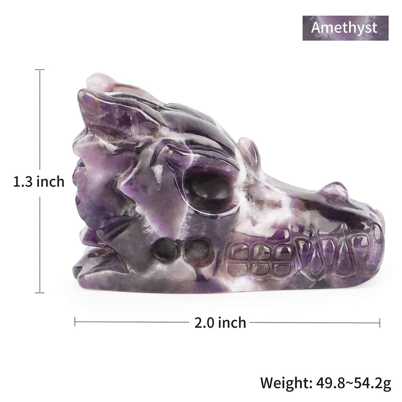 SMQ 2" Crystal Dragon Head Skull Hand Carved Realistic Dragon Head Statue and Figures Gemstone Fine Art Sculpture, Reiki Healing Stone Statue Dungeons and Dragons Fantasy Decor(Amethyst)