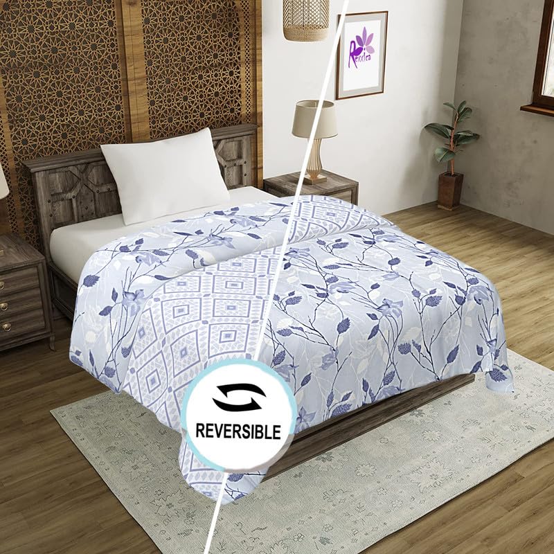 Rexxica Floral Printed Three Layer Cotton Blanket for Summer/Cotton dohar for Single Bed/ac Quilts for Summer (Size L*W 210 * 140 cm, Blue Haze)