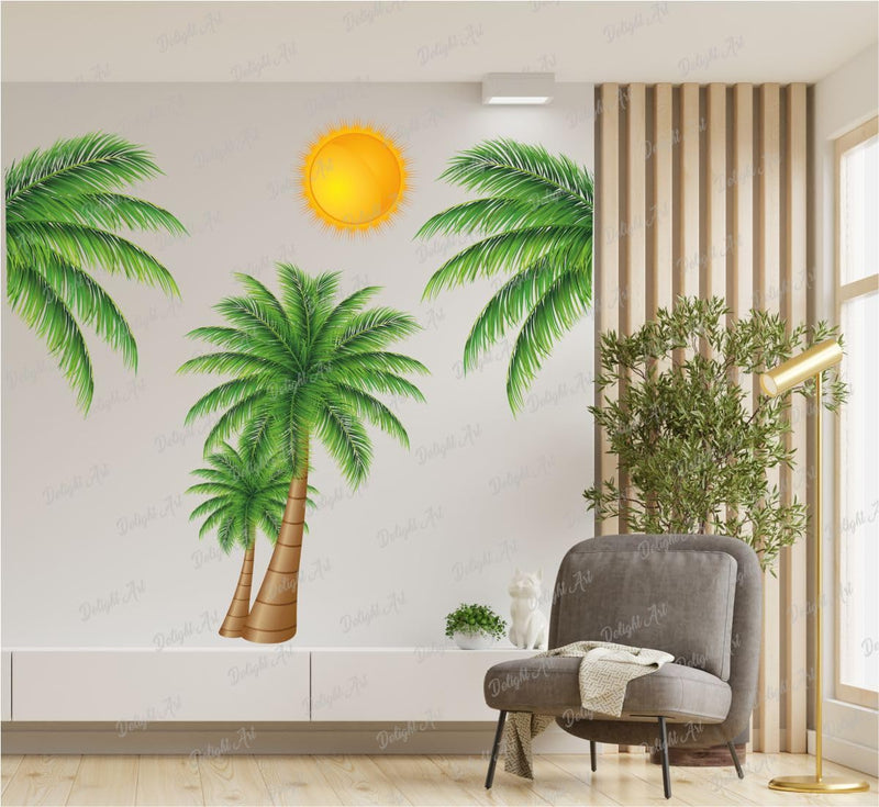 Divine Printry Palm Coconut Tree and Sun Design Wall Sticker Size - (72 * 65) cm