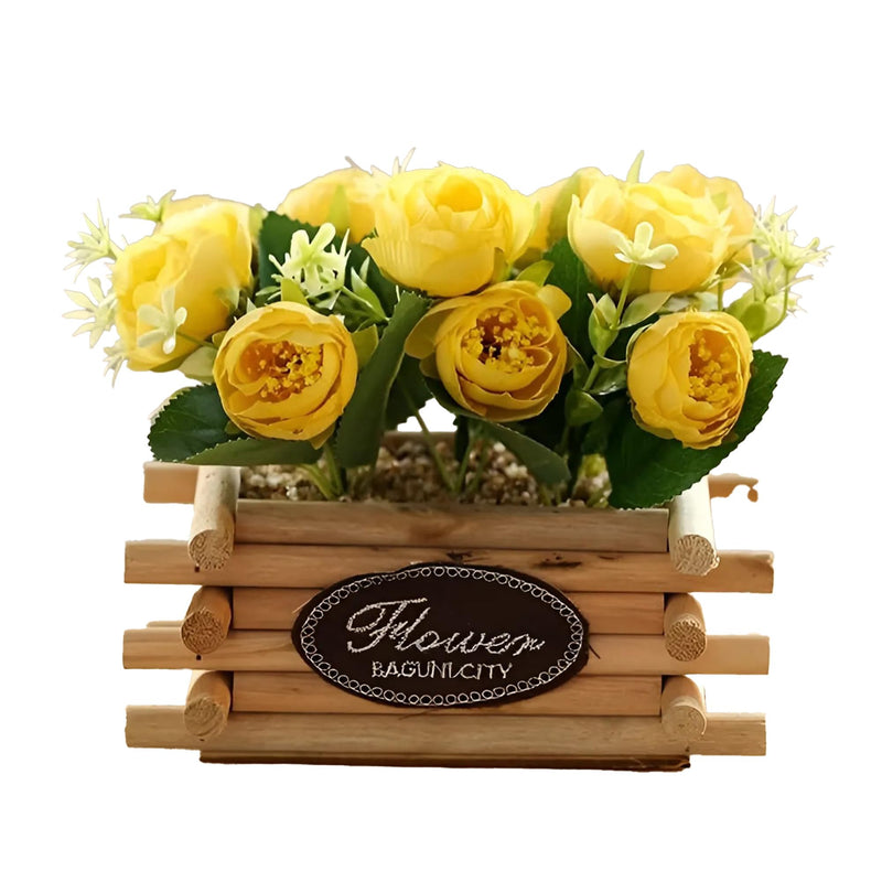 The Better Home Artificial 10 Headed Yellow Roses Flowers in Wooden Pot | 16 cm Long | Room, Office Desk, Dining Table Decor Item | Aesthetic Home Decor