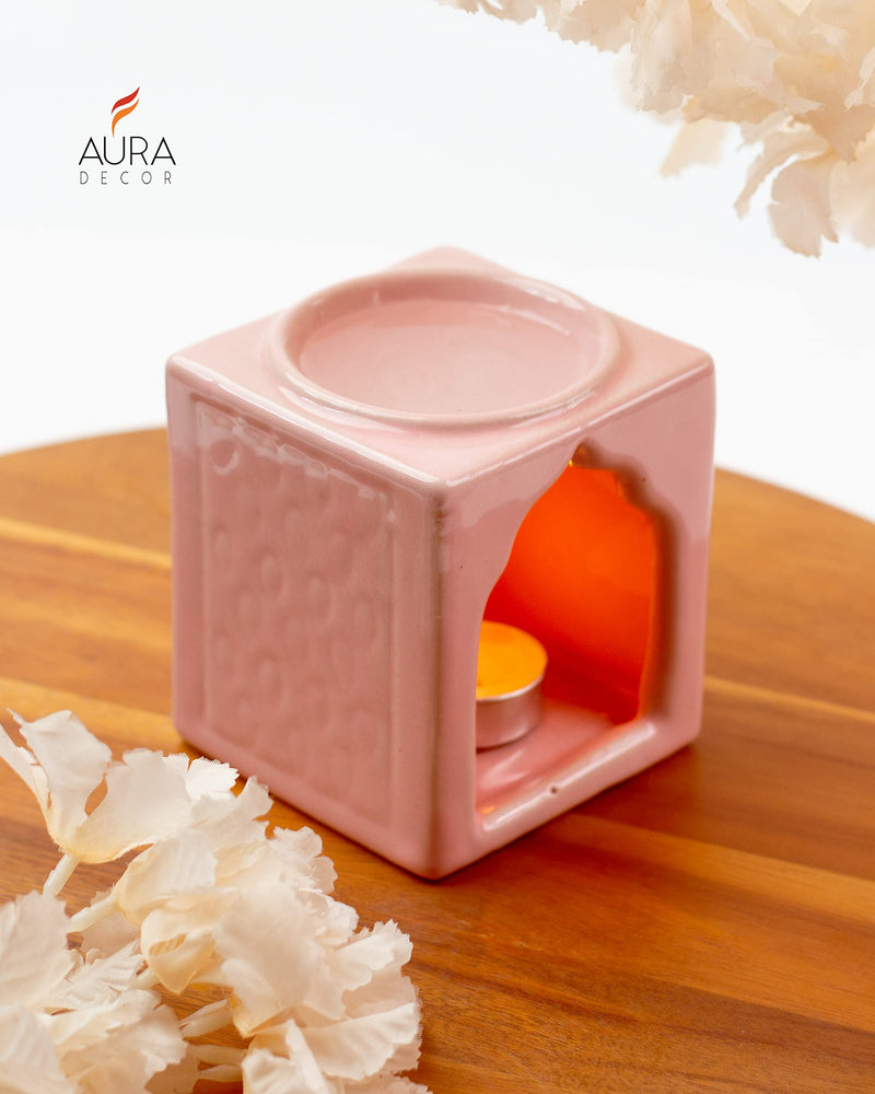 AuraDecor Handcrafted Small Ceramic Burner Square Shape with 1 T-Light Candle for Home Decorations (Pink)