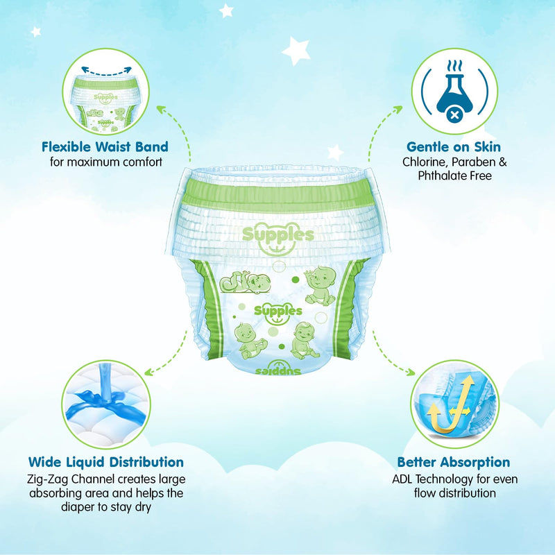 Supples Premium Diapers, Large (L), 124 Count, 9-14 Kg, 12 hrs Absorption Baby Diaper Pants