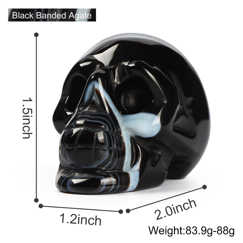 Artistone Crystal Skull Statue 2.0 inch Natural Hand Carved Black Banded Agate Crystal Skull Head Figurines Gemstone Fine Art Skull Sculpture Decoration, Reiki Healing Stone Statue