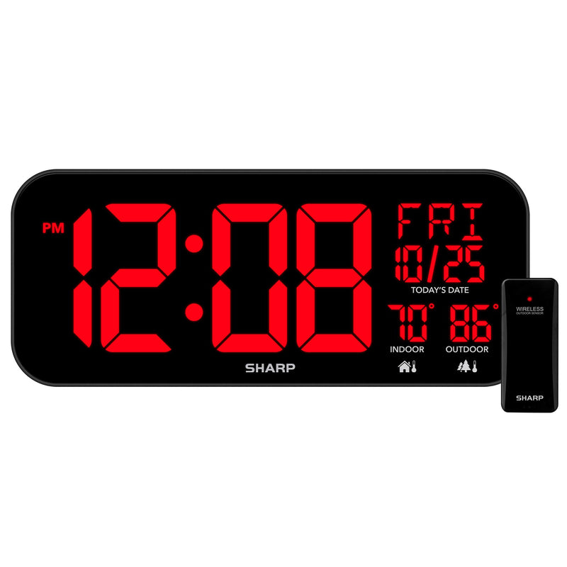 SHARP Large Oversized Screen LED Clock with Indoor and Outdoor Temperature with Outdoor Sensor, with Date and Day of Week ââ‚¬â€œ 14 inch Clock with 4 inch Digits