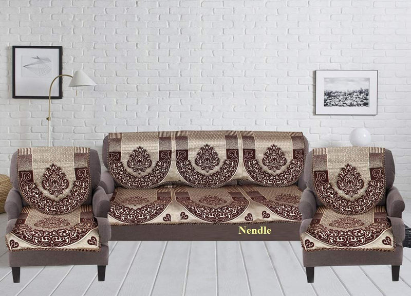 Nendle Cotton and Polyester Damask Design Concept 5 Seater Sofa Covers Set, Pack of 6, Standard, Brown