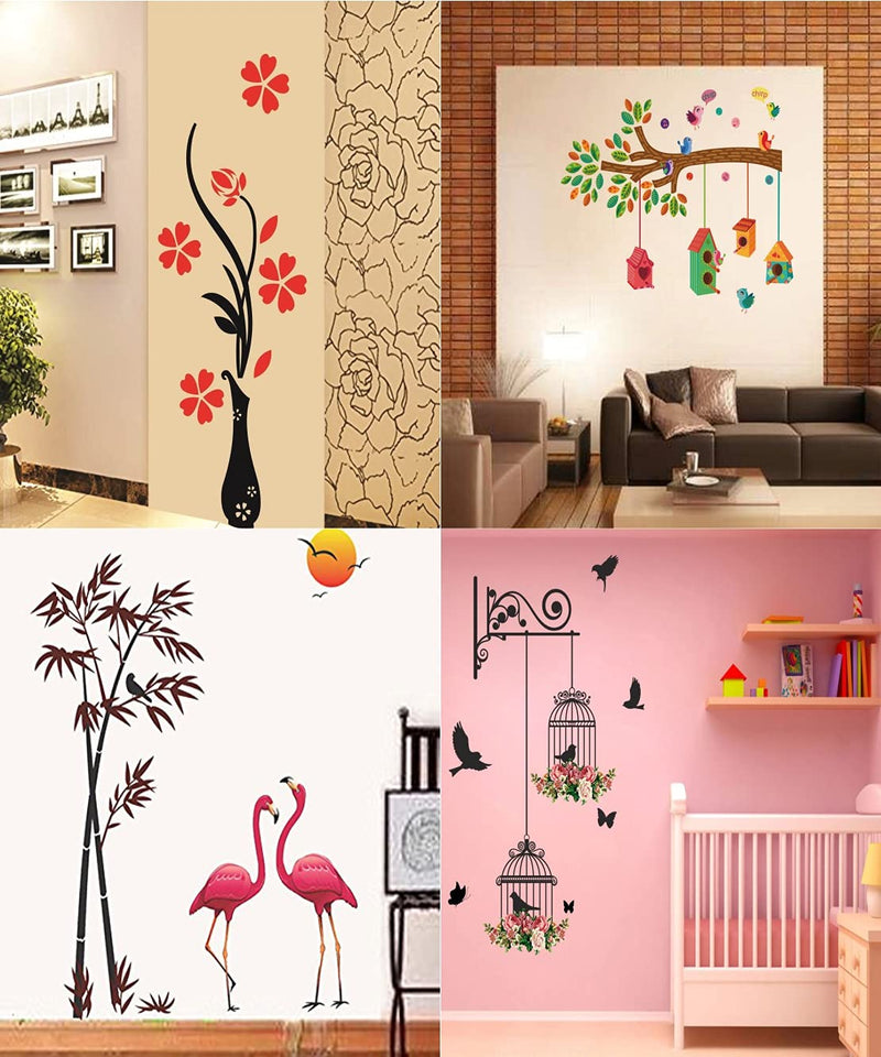 Ghar Kraft Pvc Vinyl Wall Self-Adhesive Sticker Sunset Swan | Flower Vase Red | Bird House On A Branch | Bird House On A Branch | Bird House On A Branch | Branches And Cages, Set Of 4