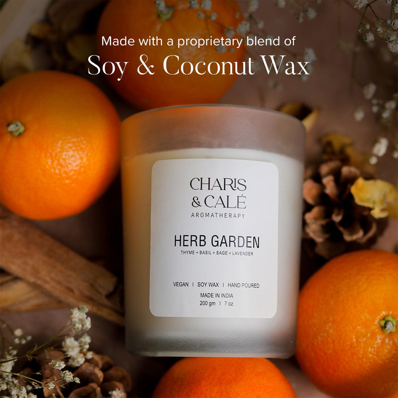 Charis & Cale Herb Garden Candle Jar - 200 Gm | Smokeless, Soot-Free & Non-Toxic Candles for Home Decor & Aromatherapy | Long Burning Time of 40+ Hours | Best for Gifting & Meditation