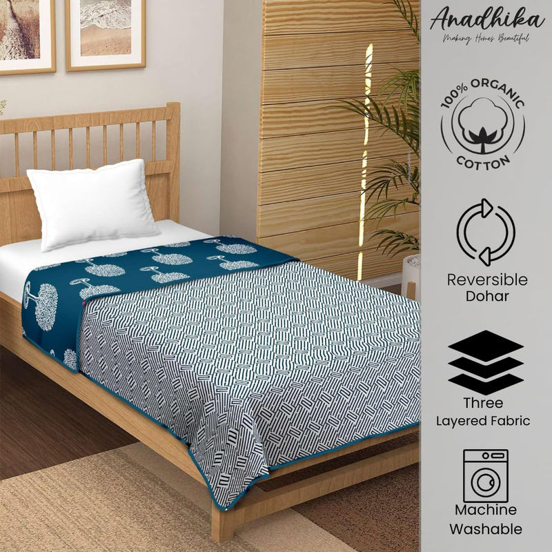 Anadhika 100% Cotton Reversible Dohar Single Bed AC Blanket for Summer Winter Travelling Light Weight Soft Blanket 60"x90" -Bonsai Blue