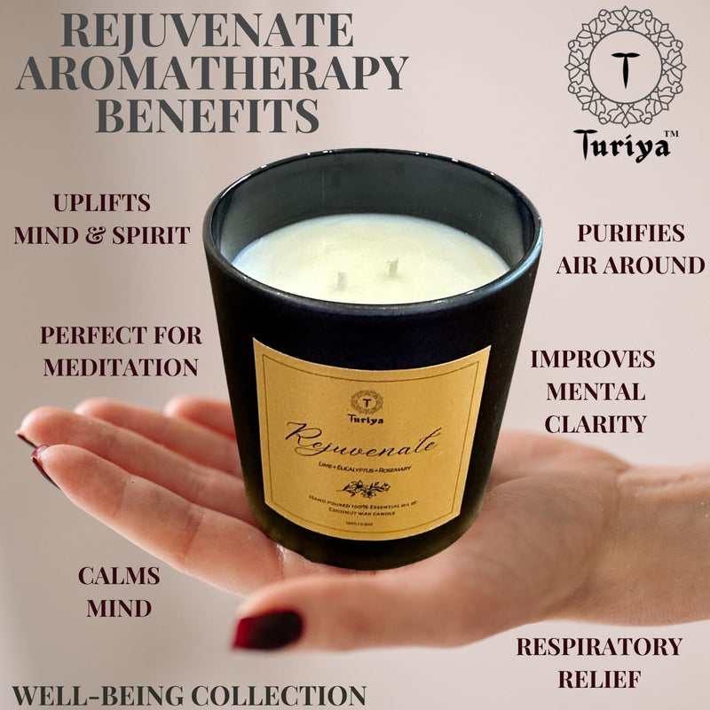 Turiya Luxury Well-Being Aromatherapy Candle - Rejuvenate| Premium Coconut Wax, 100% Pure Essential Oils| 35-40 Hrs| Organic, All-Natural, Non-Toxic & Vegan