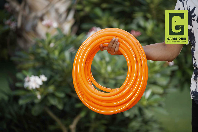 garbnoire 10 Meter 16 Mm Pvc Orange Water Pipe|Lightweight,Durable&Flexible|Hose With Accessories Like Hose Connector&Clamps|Watering Garden,Plants,Cleaning,Outdoor-Indoor Use(10 Meter(32.8 Feet))