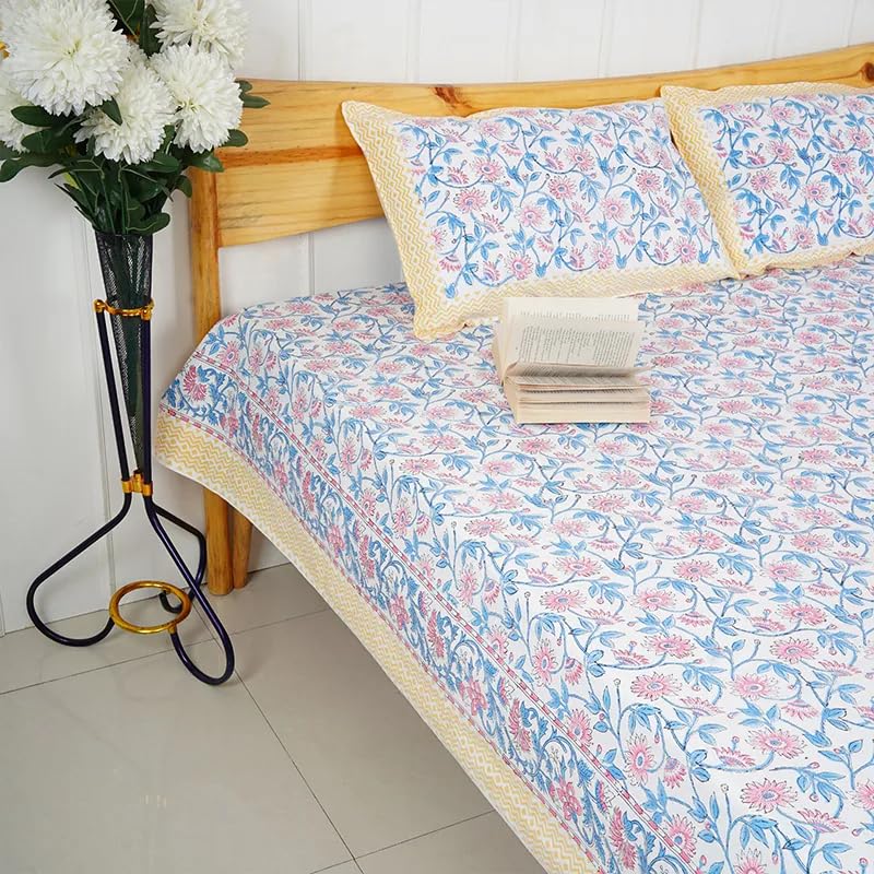 The Jaipur Wala Premium Hand Block Printed Pure Cotton Bedsheet, King Size (FLORISH)